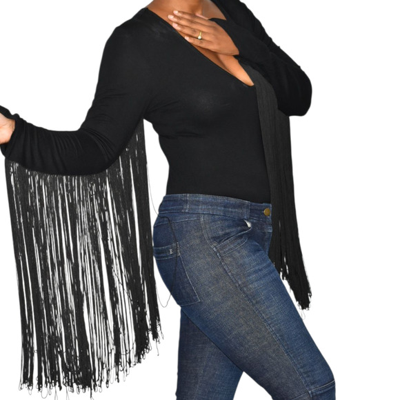 ASOS Fringe Bodysuit Black Plunge V Neck Long Sleeve Stretch Statement Blouse 6 - Picture 2 of 13